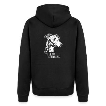 Loved by an ITALIAN GREYHOUND Hundespruch Wilsigns - Unisex Premium Bio Zip Hoodie - Schwarz - Hinten - Nico (187cm)