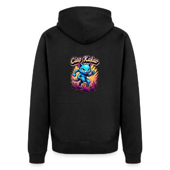 Ciao Kakao rennende Katze Matschlauf Laufshirt - Unisex Premium Bio Zip Hoodie - Schwarz - Hinten - Nico (187cm)