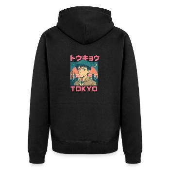 Tokyo Boy – Manga-Stil - Unisex Premium Bio Zip Hoodie - Schwarz - Hinten - Nico (187cm)