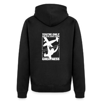 Sie sind nur einen Schritt von der Größe entfernt. Fallschirmspringer - Unisex Premium Bio Zip Hoodie - Schwarz - Hinten - Nico (187cm)