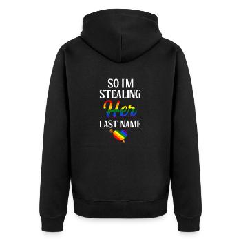 LGBTQ Pride Couple Arc-en-ciel Bi fiançailles mariage - Veste à capuche bio Premium Unisexe - noir - Dos - Nico (187cm)
