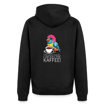 The Early Vogel catches the Kaffee Frühaufsteher - Unisex Premium Bio Zip Hoodie - Schwarz - Hinten - Nico (187cm)