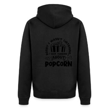 Lustiges Zitat „Denken über Popcorn“ - Unisex Premium Bio Zip Hoodie - Schwarz - Hinten - Nico (187cm)