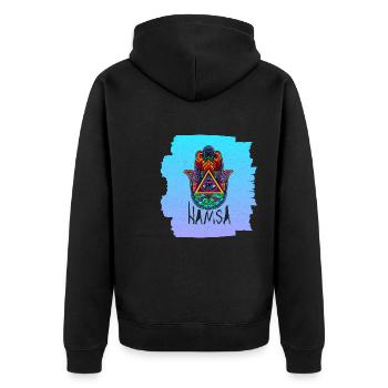 Yoga Namaste Fluchschutz Hindu Buddhismus - Unisex Premium Bio Zip Hoodie - Schwarz - Hinten - Nico (187cm)