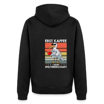 Möwe Kaffee-Sonnenbrille - Unisex Premium Bio Zip Hoodie - Schwarz - Hinten - Nico (187cm)