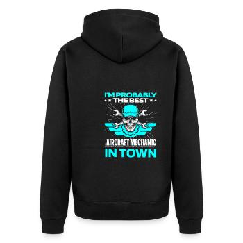 Flugzeug Mechaniker Schädel - Unisex Premium Bio Zip Hoodie - Schwarz - Hinten - Nico (187cm)