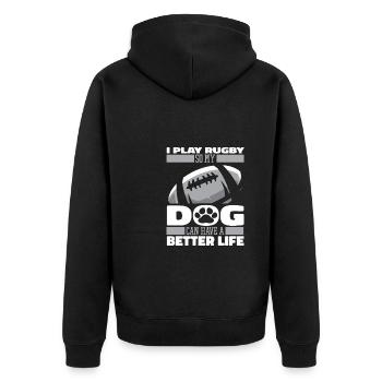 Rugby Hund - Unisex Premium Bio Zip Hoodie - Schwarz - Hinten - Nico (187cm)