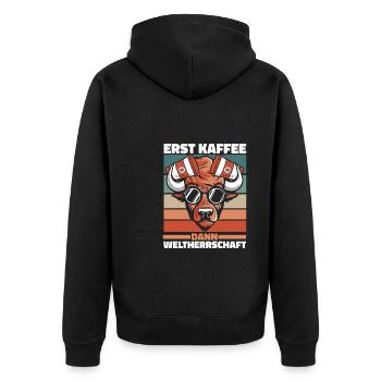 Bison Büffel Kaffee - Unisex Premium Bio Zip Hoodie - Schwarz - Hinten - Nico (187cm)