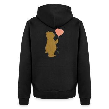 Fröhlicher Bär mit rosa Herz-Luftballon - Unisex Premium Bio Zip Hoodie - Schwarz - Hinten - Nico (187cm)