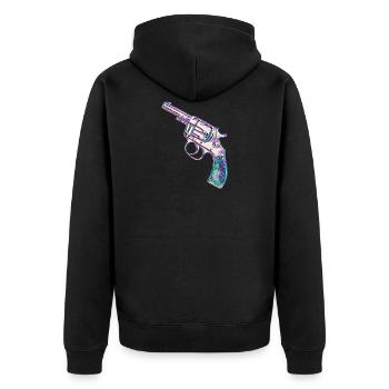 Bunter Revolver - Unisex Premium Bio Zip Hoodie - Schwarz - Hinten - Nico (187cm)