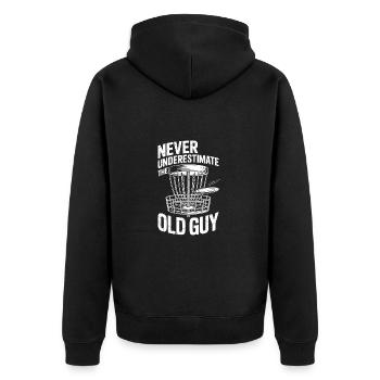 Never Underestimate the old guy disc golfing - Unisex Premium Bio Zip Hoodie - Schwarz - Hinten - Nico (187cm)
