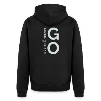 Wüster&Friends GO Logo Hellgrün - Unisex Premium Bio Zip Hoodie - Schwarz - Hinten - Nico (187cm)