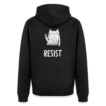 Illustration der winkenden weißen Katze - Unisex Premium Bio Zip Hoodie - Schwarz - Hinten - Nico (187cm)