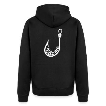 Bite Me Lure Hook Design - Unisex Premium Organic Zip Hoodie - black - Back - Nico (187cm)
