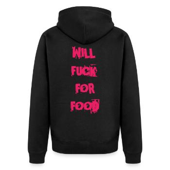 Graffiti Slogan Pink Will Fuck for Food  - Unisex Premium Bio Zip Hoodie - Schwarz - Hinten - Nico (187cm)
