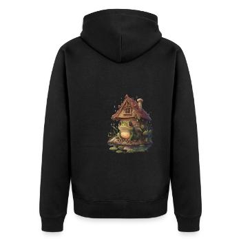 Cottagecore aesthetics frog in the woods with hut - Unisex Premium Organic Zip Hoodie - black - Back - Nico (187cm)