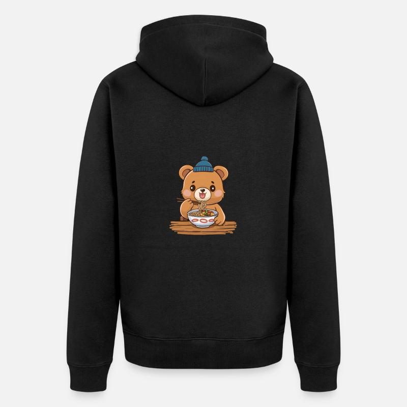 Ours Kawaii mangeant des ramen - Veste à capuche bio Premium Unisexe - noir
