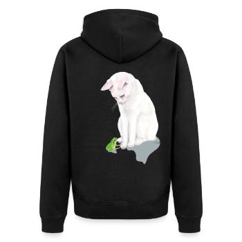 Weiße Katze mit grünem Frosch - Unisex Premium Bio Zip Hoodie - Schwarz - Hinten - Nico (187cm)