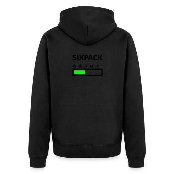 Sixpack wird geladen lustiges Workout Shirt - Unisex Premium Bio Zip Hoodie - Schwarz - Hinten - Nico (187cm)