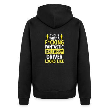 Lieferant Paket Lieferung - Unisex Premium Bio Zip Hoodie - Schwarz - Hinten - Nico (187cm)