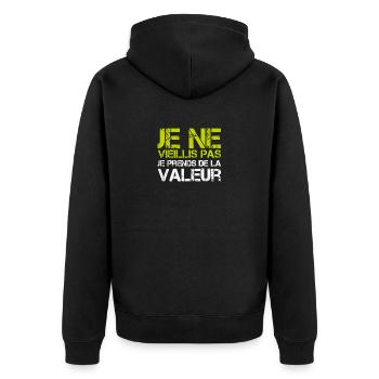 Ich werde nicht alt, ich steigere meinen Wert - Unisex Premium Bio Zip Hoodie - Schwarz - Hinten - Nico (187cm)