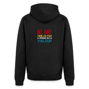 Ich werde nicht alt, ich steigere meinen Wert - Unisex Premium Bio Zip Hoodie - Schwarz - Hinten - Nico (187cm)
