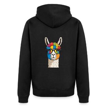 Alpaka Lama Bunt Cool mit Brille - Unisex Premium Bio Zip Hoodie - Schwarz - Hinten - Nico (187cm)