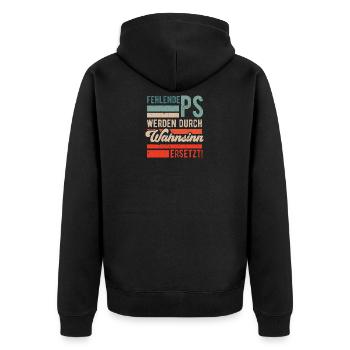 Fehlende PS werden durch Wahnsinn ersetzt KFZ Tune - Unisex Premium Bio Zip Hoodie - Schwarz - Hinten - Nico (187cm)