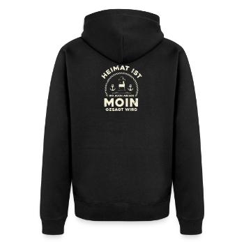 Heimat ist wo man auch Abends Moin gesagt wird | N - Unisex Premium Bio Zip Hoodie - Schwarz - Hinten - Nico (187cm)