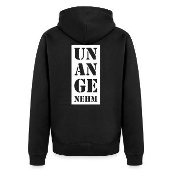 UNANGENEHM FREMDSCHÄMEN FREMDSCHAM - Unisex Premium Bio Zip Hoodie - Schwarz - Hinten - Nico (187cm)