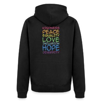 KINDNESS, PEACE, EQUALITY, INCLUSION, , DIVERSITY, - Unisex Premium Organic Zip Hoodie - black - Back - Nico (187cm)
