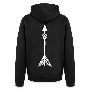 Weißes Symbol eines Pfeils der amerikanischen Ureinwohner - Unisex Premium Bio Zip Hoodie - Schwarz - Hinten - Nico (187cm)