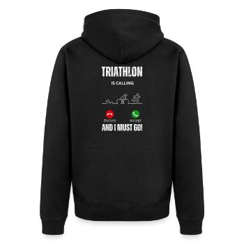 Triathlon ruft und ich muss Ausdauer machen - Unisex Premium Bio Zip Hoodie - Schwarz - Hinten - Nico (187cm)