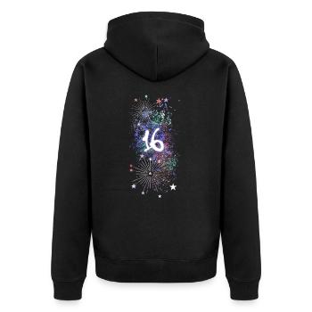 16,birthday,16 years, fireworks, graffiti - Unisex Premium Organic Zip Hoodie - black - Back - Nico (187cm)