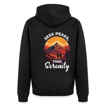 Seek Peaks, Find Serenity Hiking adventure explore - Unisex Premium Organic Zip Hoodie - black - Back - Nico (187cm)