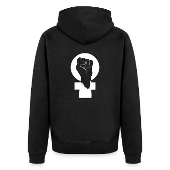 Weißes feministisches Symbol - Unisex Premium Bio Zip Hoodie - Schwarz - Hinten - Nico (187cm)