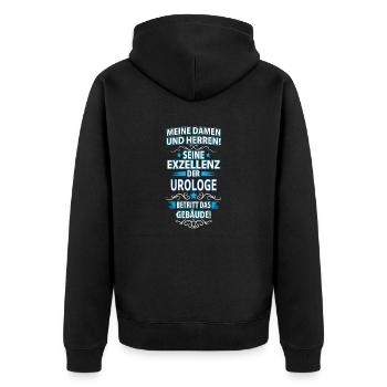 UROLOGE - Unisex Premium Bio Zip Hoodie - Schwarz - Hinten - Nico (187cm)