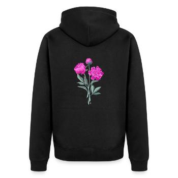 Pfingstrosen Abbildung mit Inschrift - Unisex Premium Bio Zip Hoodie - Schwarz - Hinten - Nico (187cm)
