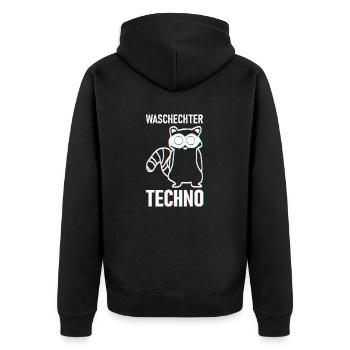 Trippy Techno Waschbär - Waschechter Techno - Unisex Premium Bio Zip Hoodie - Schwarz - Hinten - Nico (187cm)