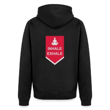 inhale exhale yoga Zitat - Unisex Premium Bio Zip Hoodie - Schwarz - Hinten - Nico (187cm)