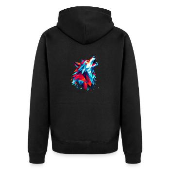 Geometric Wolf: Bunter Origami-Kunstdruck - Unisex Premium Bio Zip Hoodie - Schwarz - Hinten - Nico (187cm)