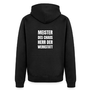 Meister des Chaos, Herr der Werkstatt. - Unisex Premium Bio Zip Hoodie - Schwarz - Hinten - Nico (187cm)