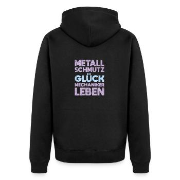 Metall, Schmutz, Glück – Mechaniker Leben - Unisex Premium Bio Zip Hoodie - Schwarz - Hinten - Nico (187cm)
