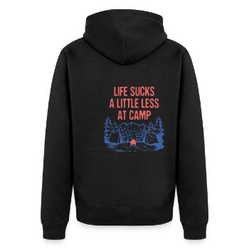 Life Sucks a Little Less at Camp Funny Camping - Unisex Premium Bio Zip Hoodie - Schwarz - Hinten - Nico (187cm)
