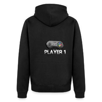 PLAYER 1 + SNES Controller - Gaming - Unisex Premium Bio Zip Hoodie - Schwarz - Hinten - Nico (187cm)