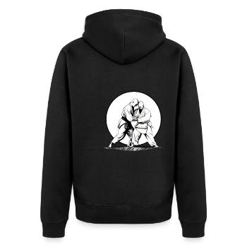 Aikido Kampfkunst Sport Kämpfer im Sonnenuntergang - Unisex Premium Bio Zip Hoodie - Schwarz - Hinten - Nico (187cm)