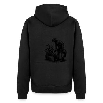 Gärtner bei Gartenarbeit im Hochbeet - Unisex Premium Bio Zip Hoodie - Schwarz - Hinten - Nico (187cm)
