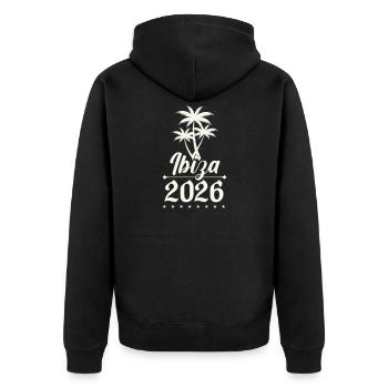 Ibiza 2026 Palmen Silhouette - Unisex Premium Bio Zip Hoodie - Schwarz - Hinten - Nico (187cm)
