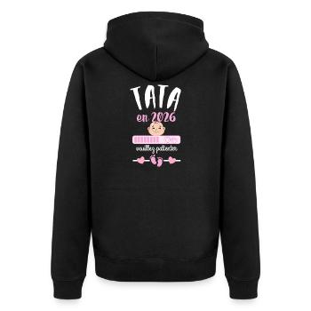 Tata en 2026 Veuillez Patienter  - Veste à capuche bio Premium Unisexe - noir - Dos - Nico (187cm)