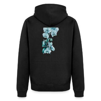 Blau Orchideen Druck - Unisex Premium Bio Zip Hoodie - Schwarz - Hinten - Nico (187cm)
